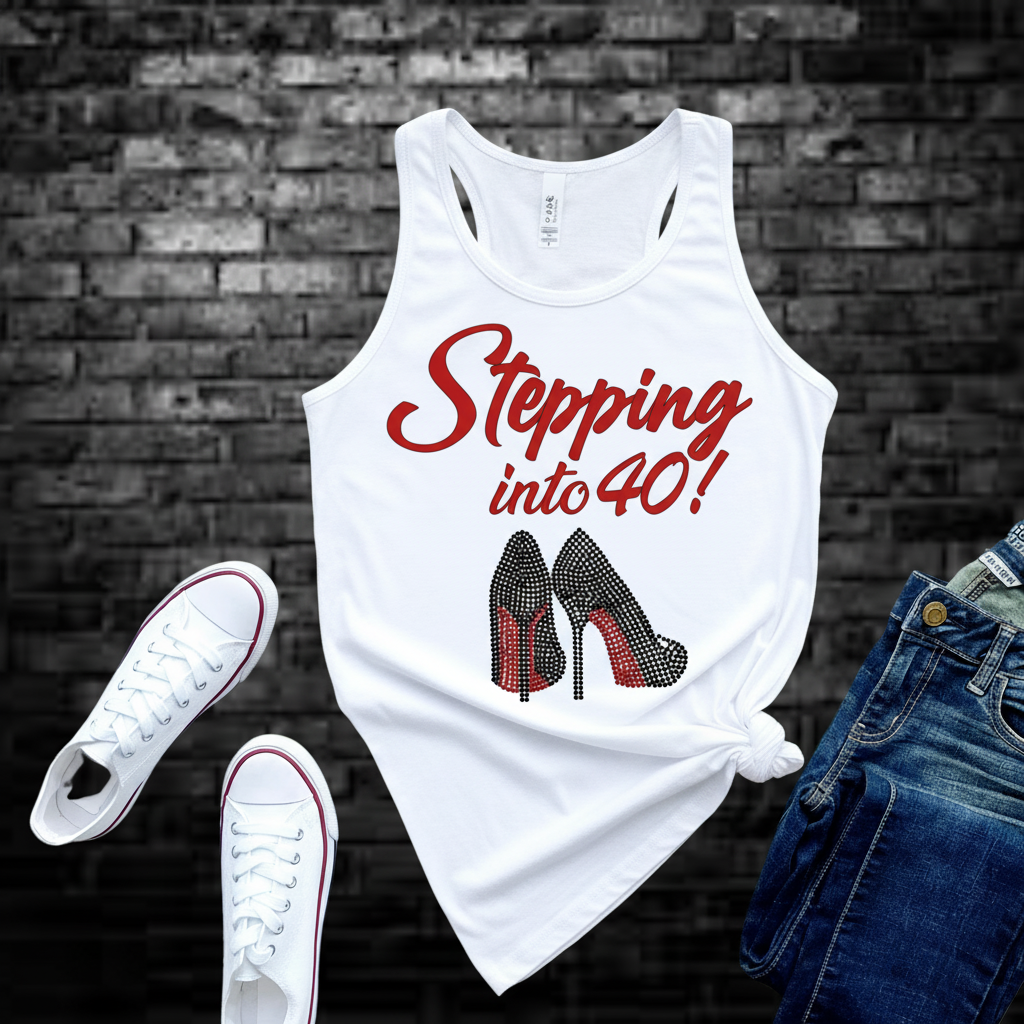 Stepping into (Name your Age) Rhinestone Heel Custom T-Shirt